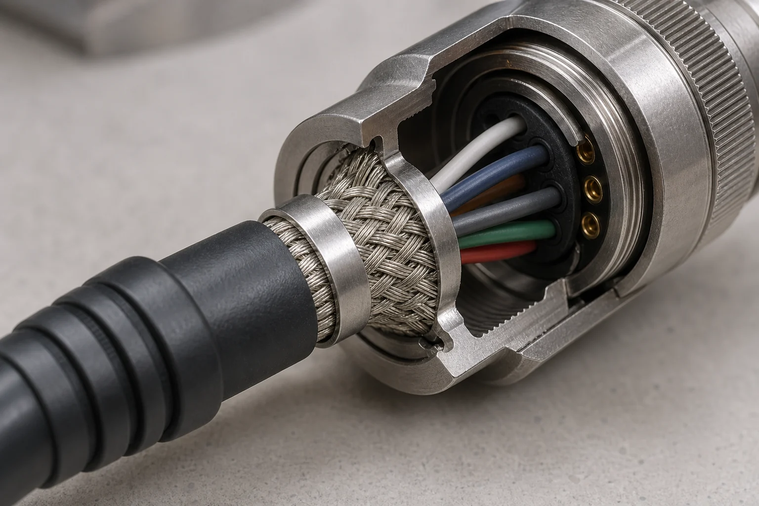 Conceptual 360-degree braid capture under a metal connector backshell clamp