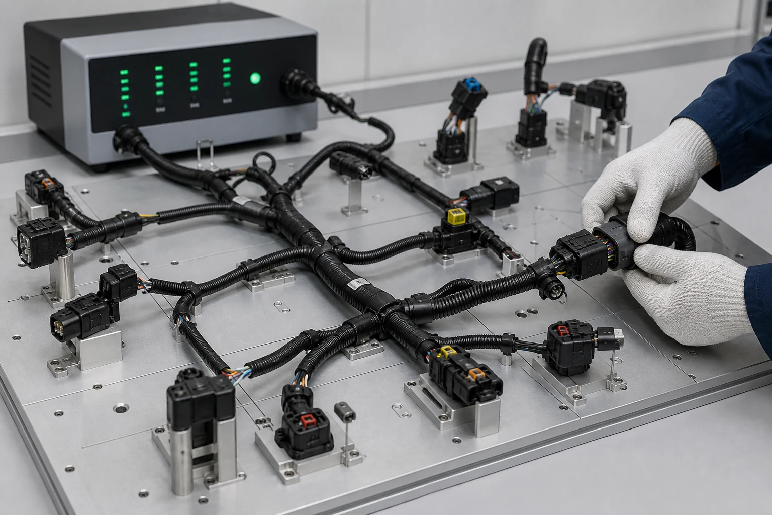 Automotive cable assembly connected to a conceptual continuity and short-circuit test fixture