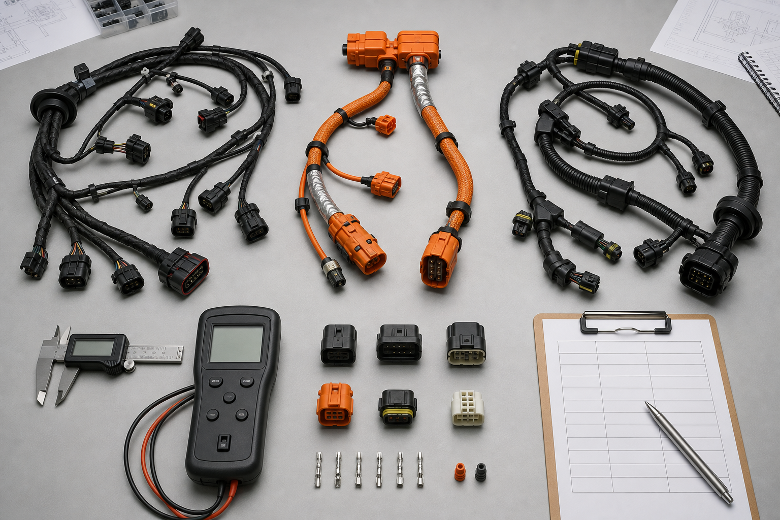 Three conceptual automotive harness types arranged with generic inspection tools for supplier evaluation