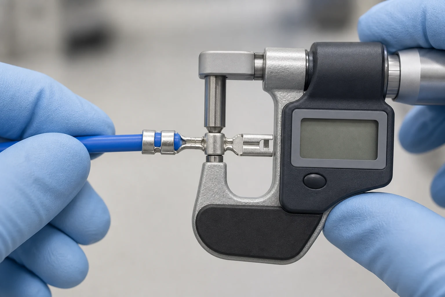 Conceptual close-up of a micrometer measuring a completed conductor crimp