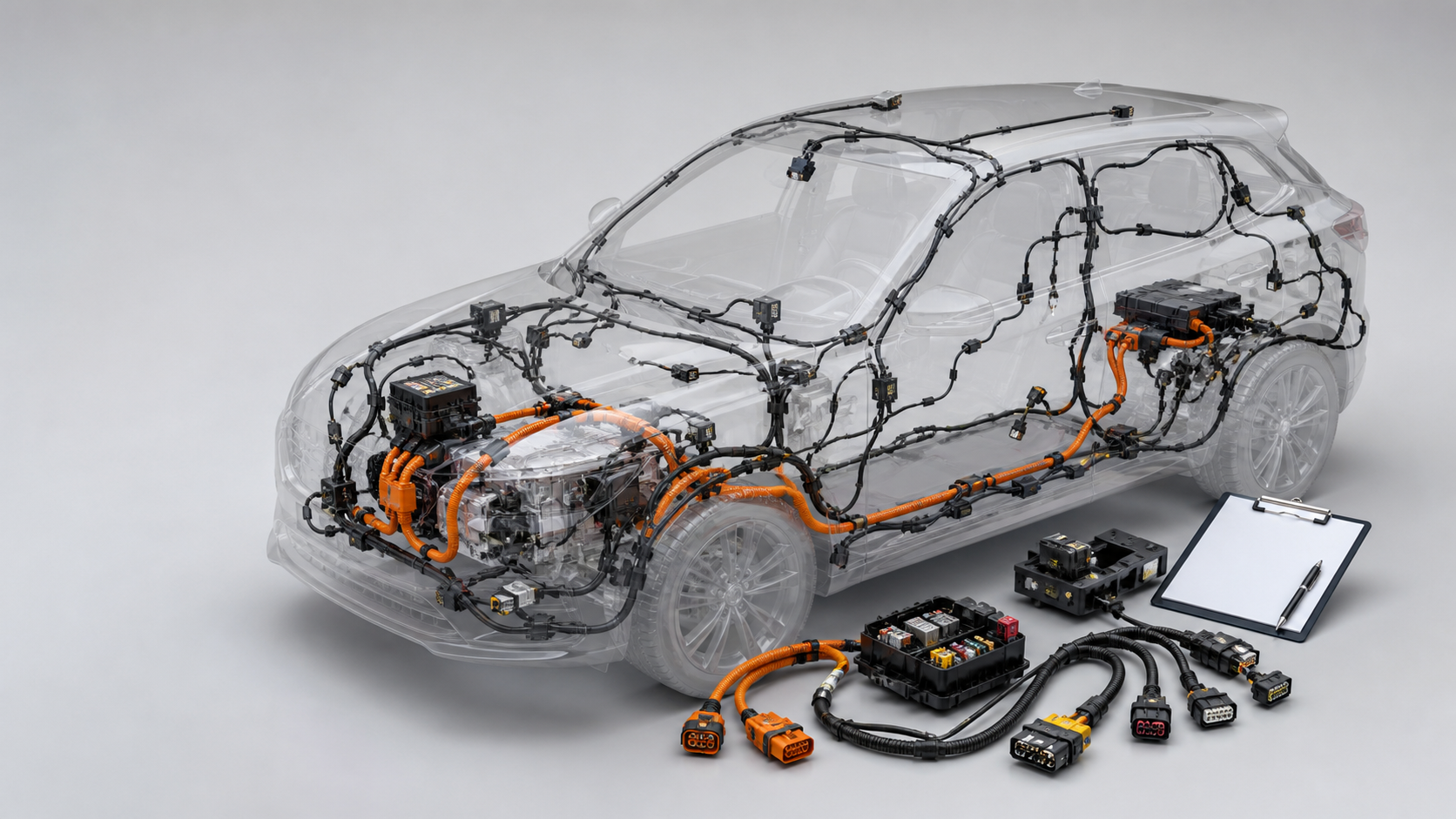 Conceptual passenger-vehicle electrical architecture with low-voltage and orange high-voltage harness routes