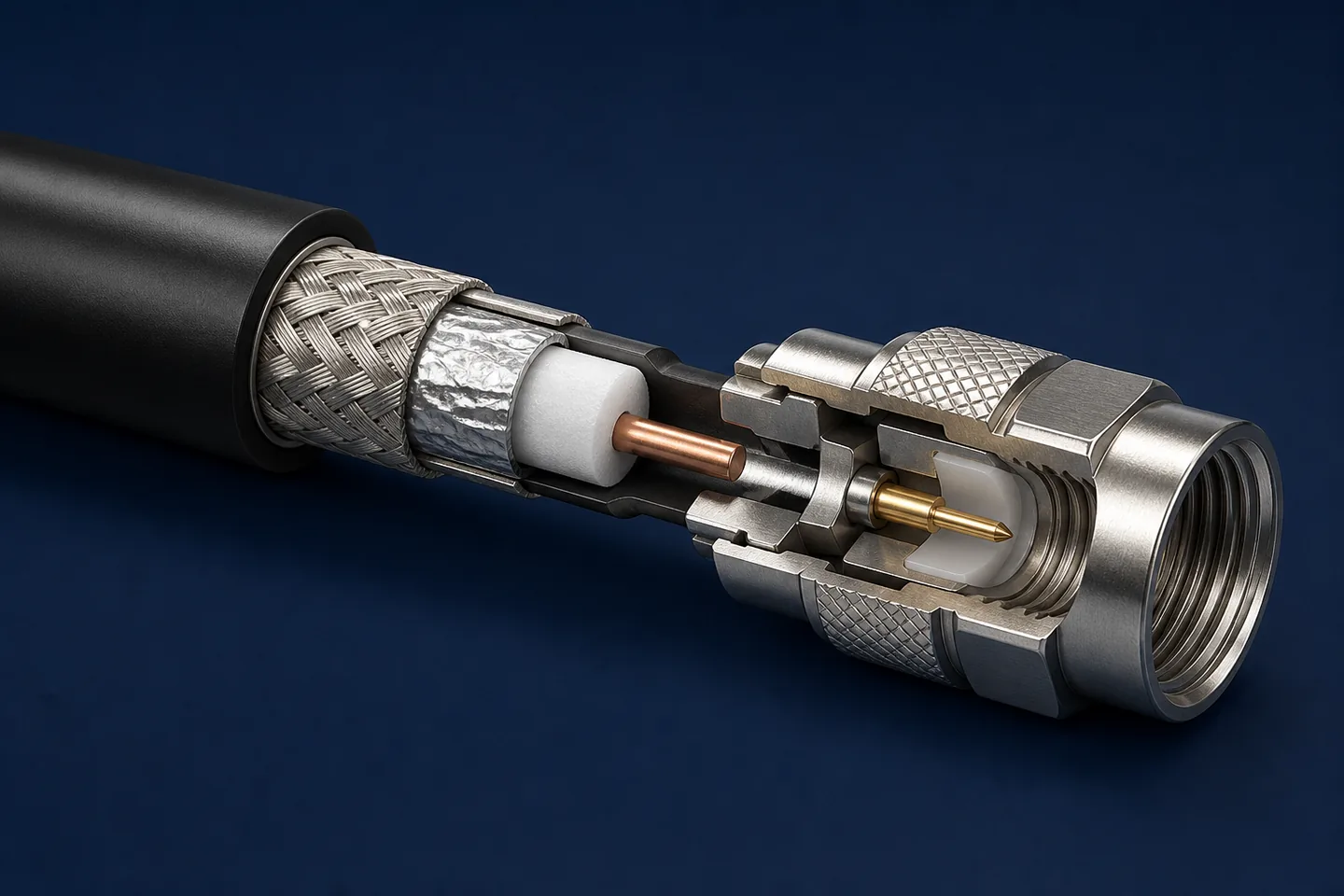 coaxial cable entering a threaded RF connector