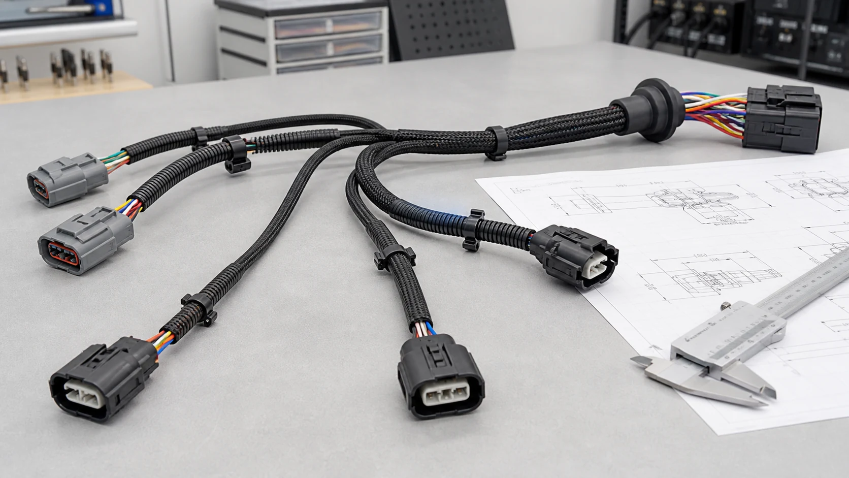 Multi-branch automotive cable assembly arranged with an engineering drawing and calipers