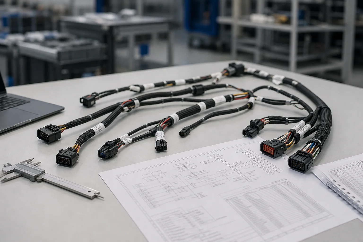 Custom wire harnesses reviewed with an engineering drawing and bill of materials