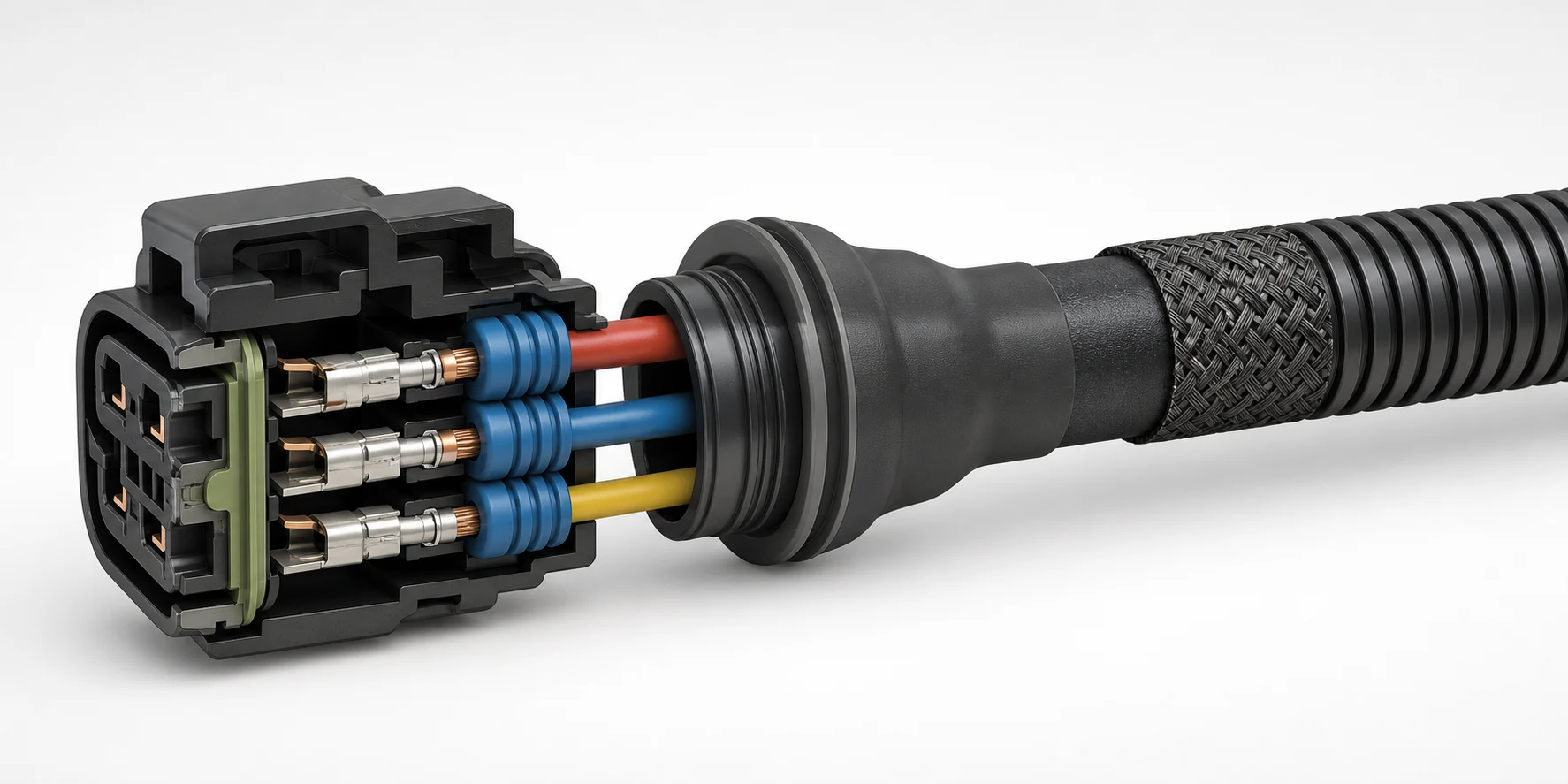 Cutaway showing terminals, wire seals, insulated conductors, braid, strain relief, and corrugated loom