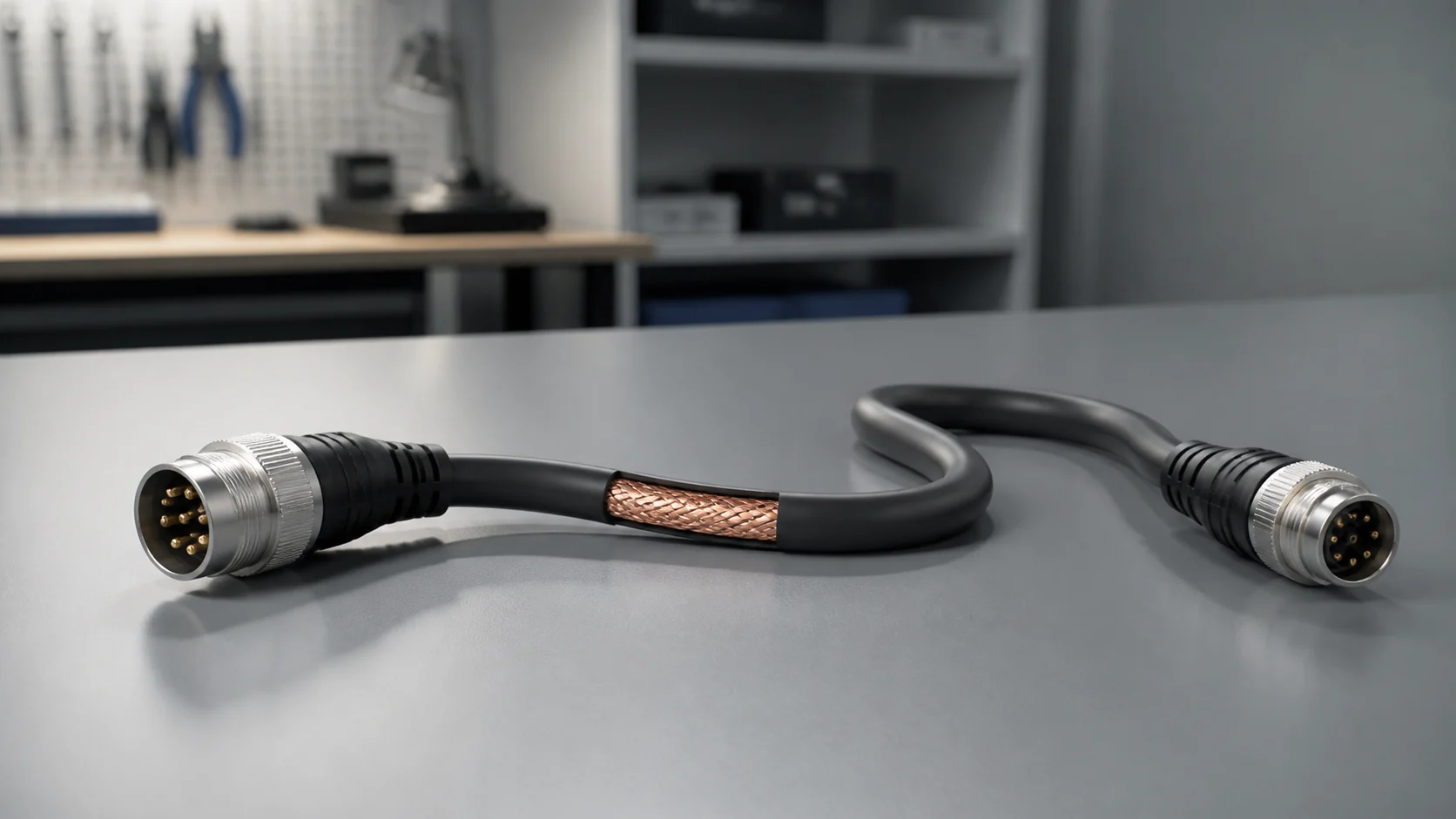 Finished shielded cable assembly with metal-shell connectors and visible braided shield