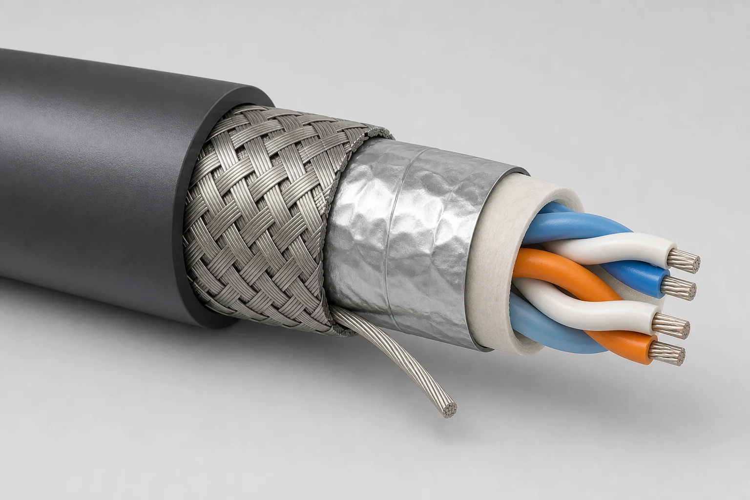 Cutaway showing jacket, braid, foil, drain wire, filler, and twisted insulated conductors