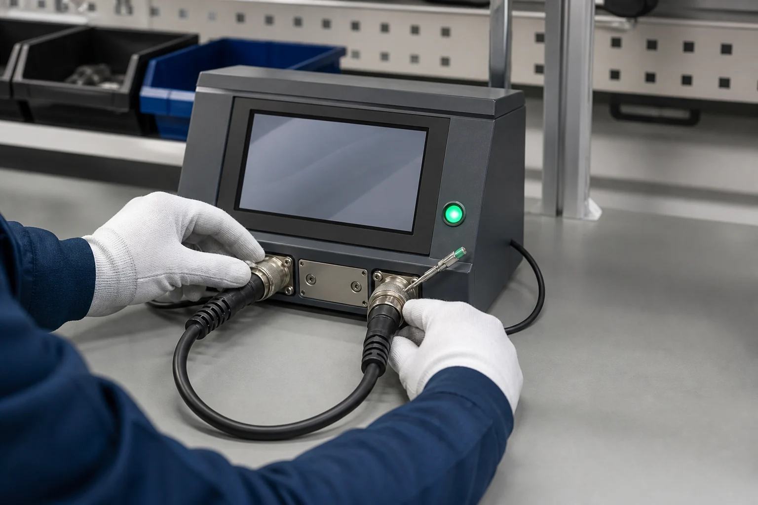 Technician connecting a finished shielded cable assembly to a generic electrical tester