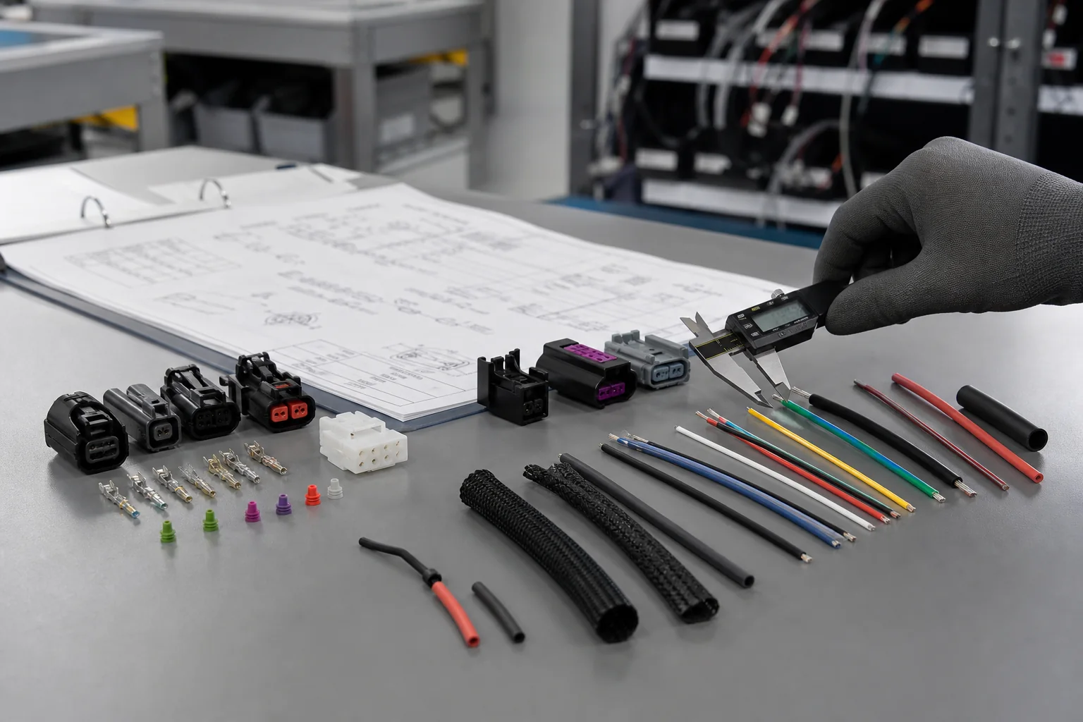 Connector housings, terminals, seals, wire samples and protective sleeving reviewed against a wire harness BOM