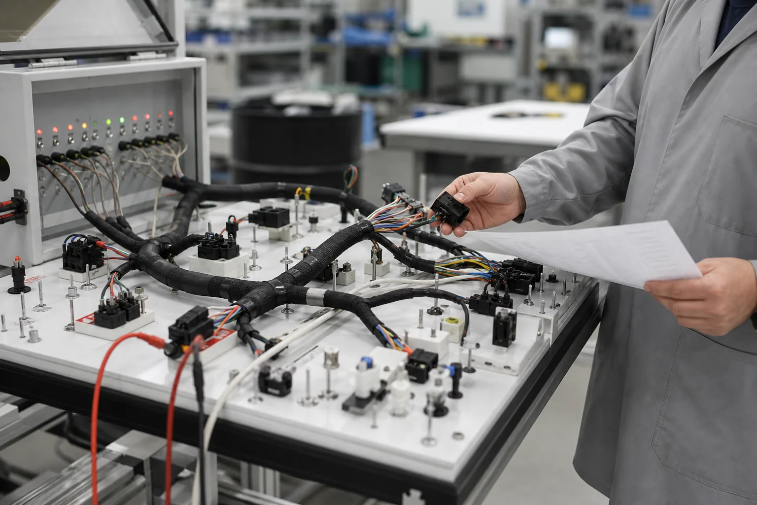 Finished custom wire harness connected to an electrical continuity test fixture for inspection