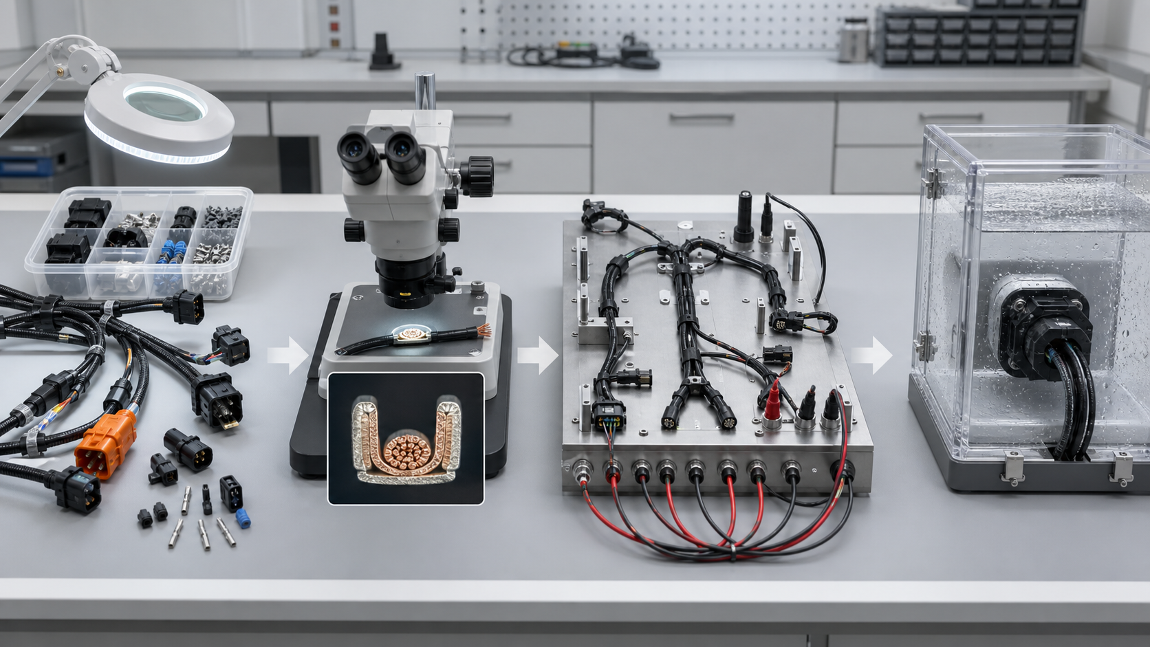 Conceptual four-stage workflow for component review, crimp inspection, electrical testing, and sealed-connector evaluation