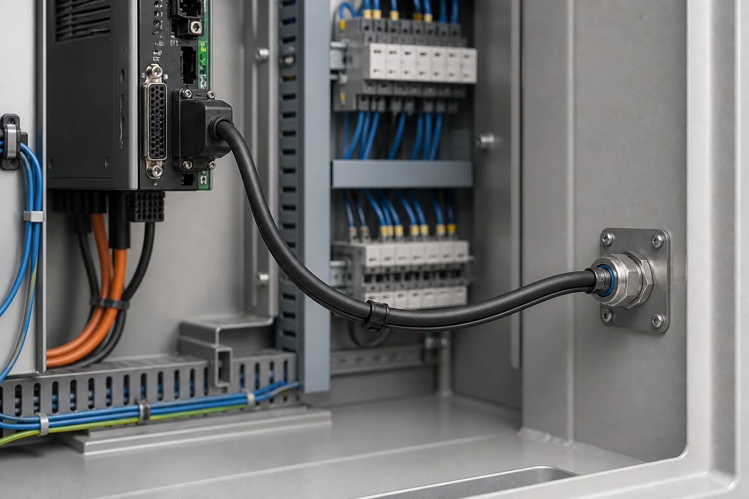 Shielded cable assemblies routed inside an industrial automation control cabinet