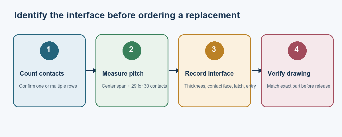 A workflow showing contact counting, pitch measurement, interface checks, and manufacturer drawing verification