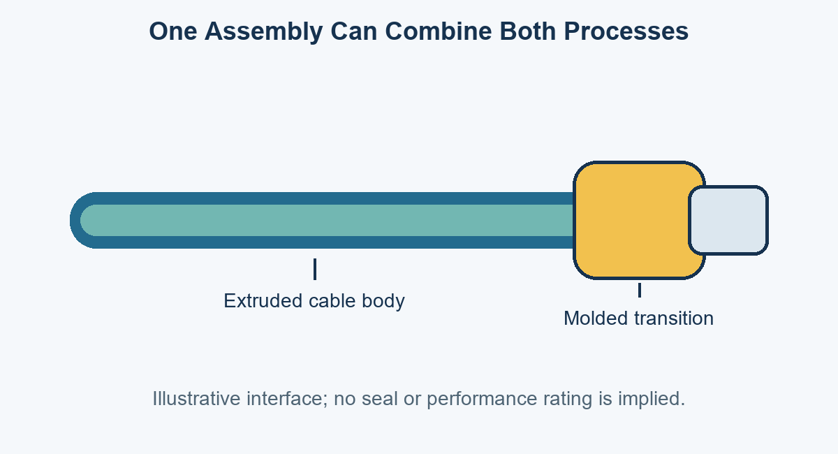 Conceptual cable assembly showing an extruded cable body and a locally molded connector transition