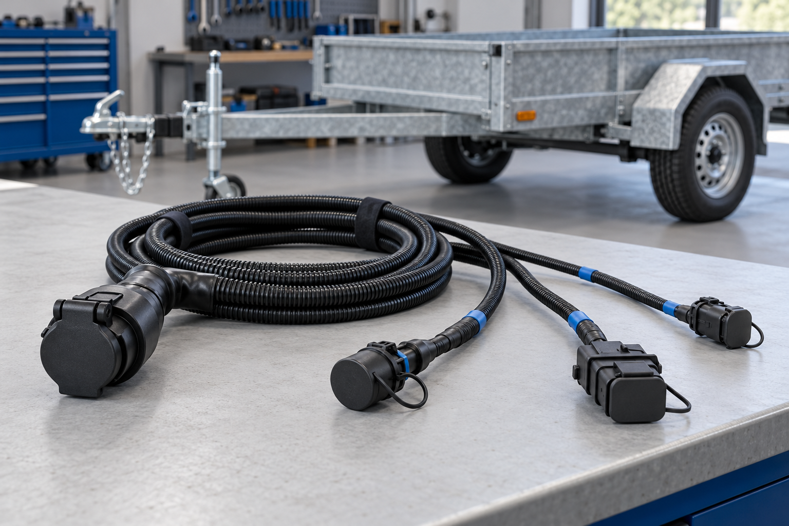 Concept illustration of a branched black trailer harness beside a utility trailer chassis