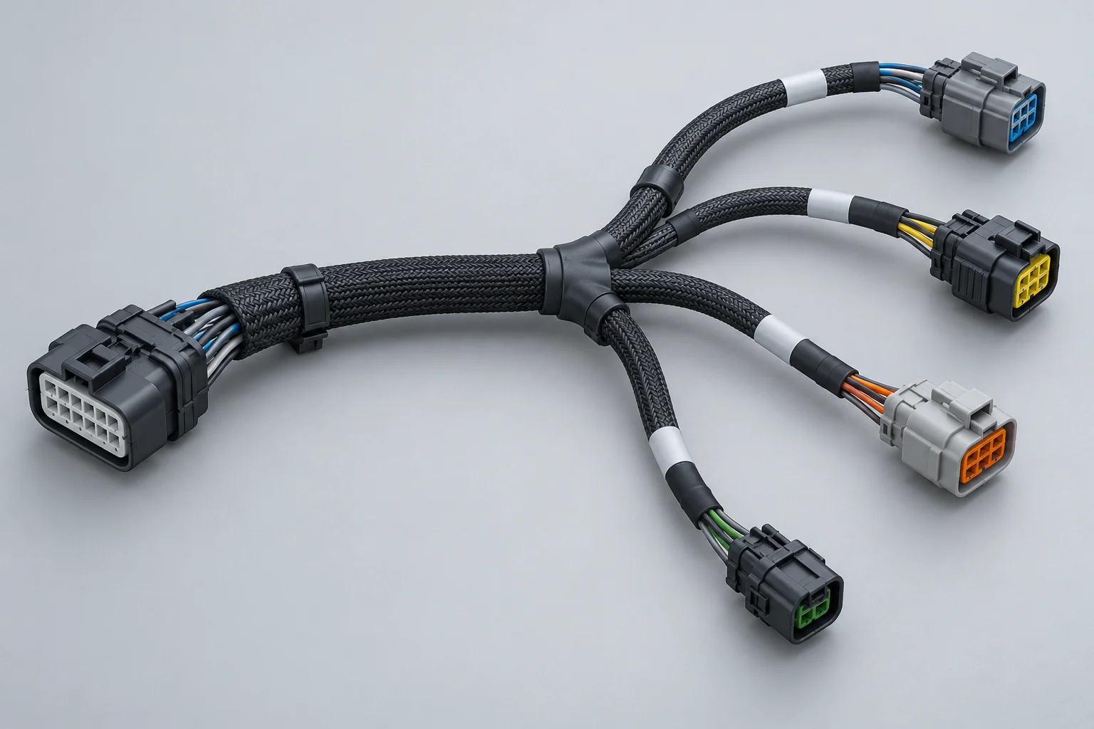 Branching wire harnesses with protective sleeves and connector housings