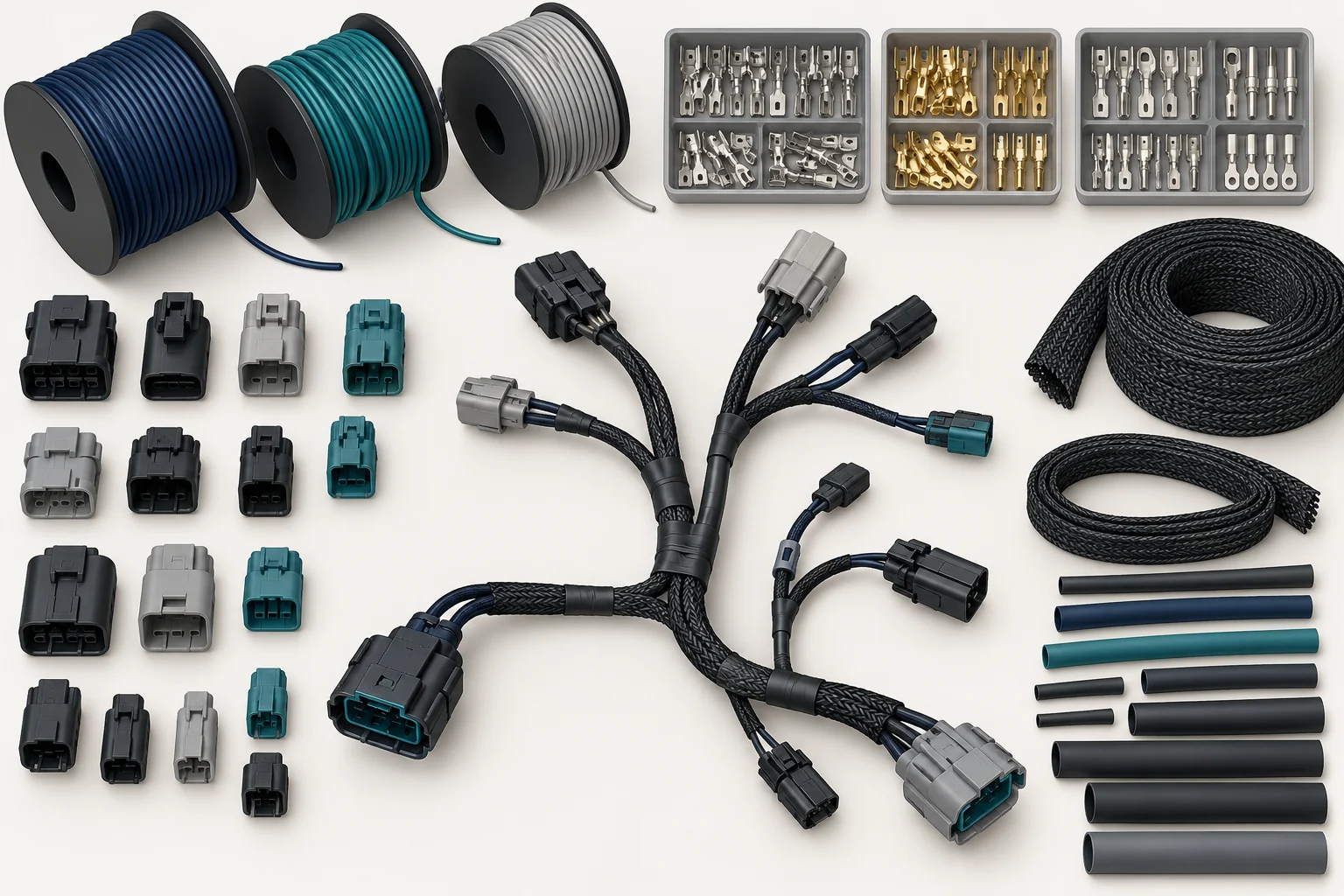 Conceptual component layout with wire reels, connector housings, terminals, sleeves and a completed harness