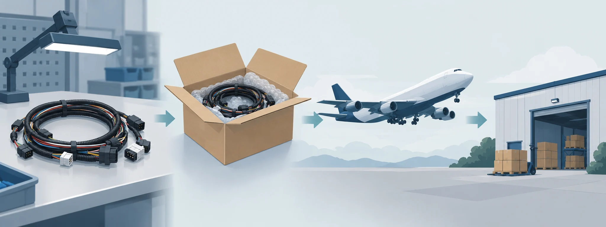 Conceptual sequence of harness inspection, protective packaging, air transport and receipt