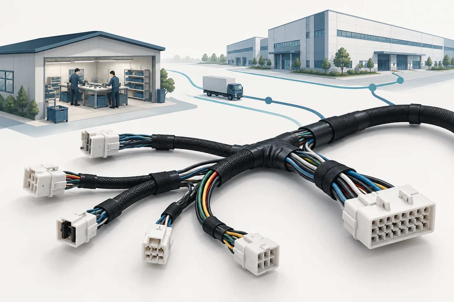 Conceptual illustration of a branching harness with local and larger manufacturing buildings