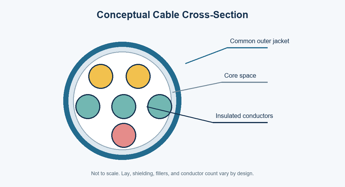 Conceptual cross-section showing multiple insulated conductors inside a common cable jacket