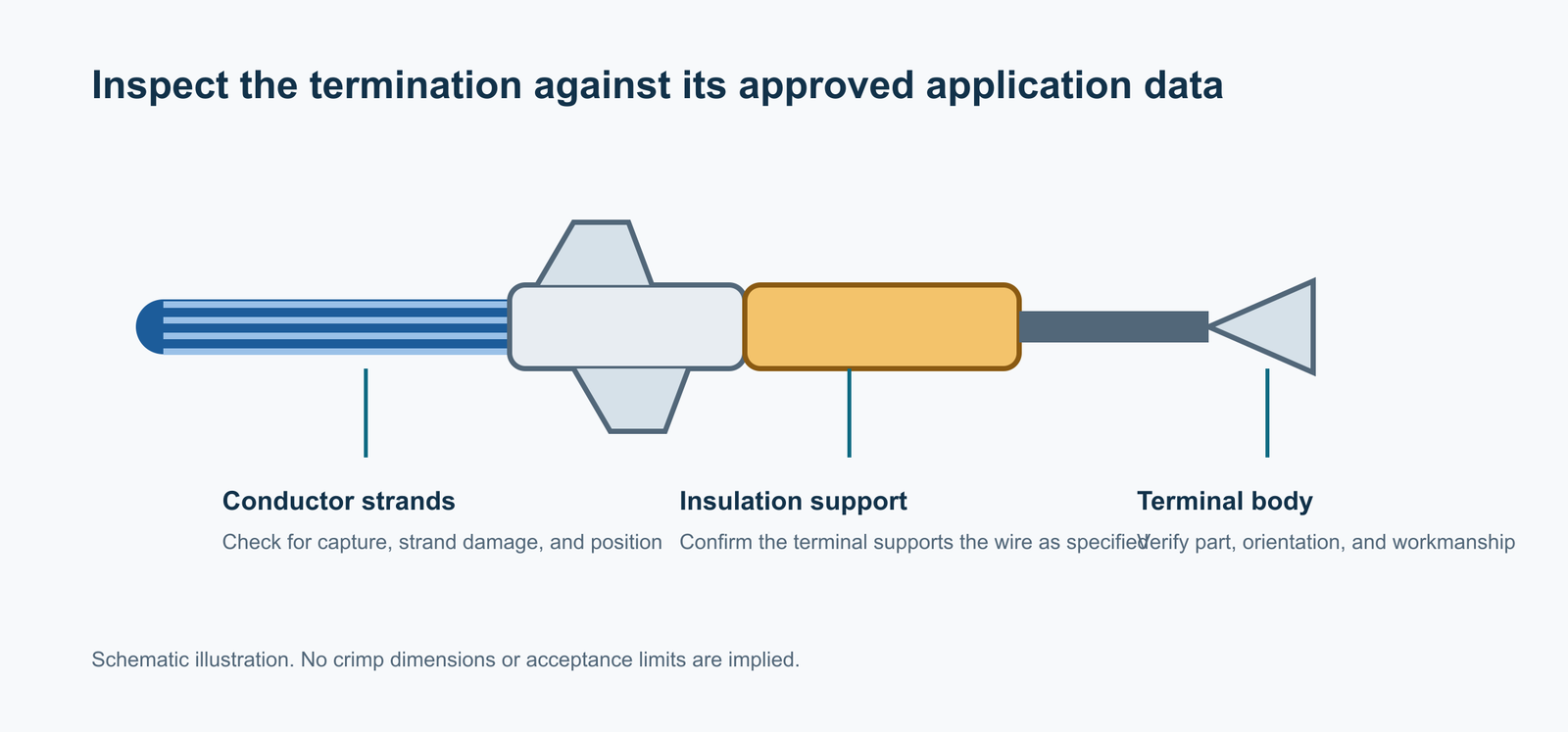 Conceptual crimp termination with conductor and insulation support areas