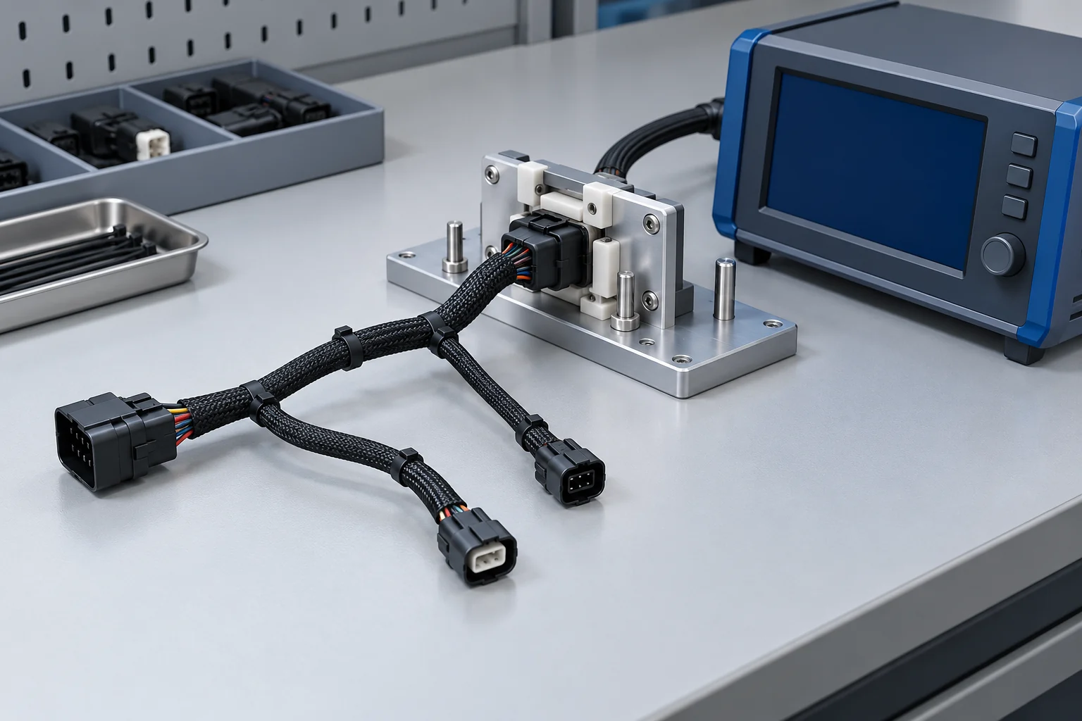 Concept illustration of a finished harness connected to an electrical test fixture beside an unbranded tester