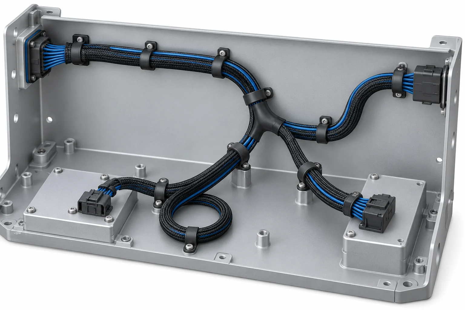 Concept illustration of a harness routed through an open equipment enclosure with supports and gentle bends